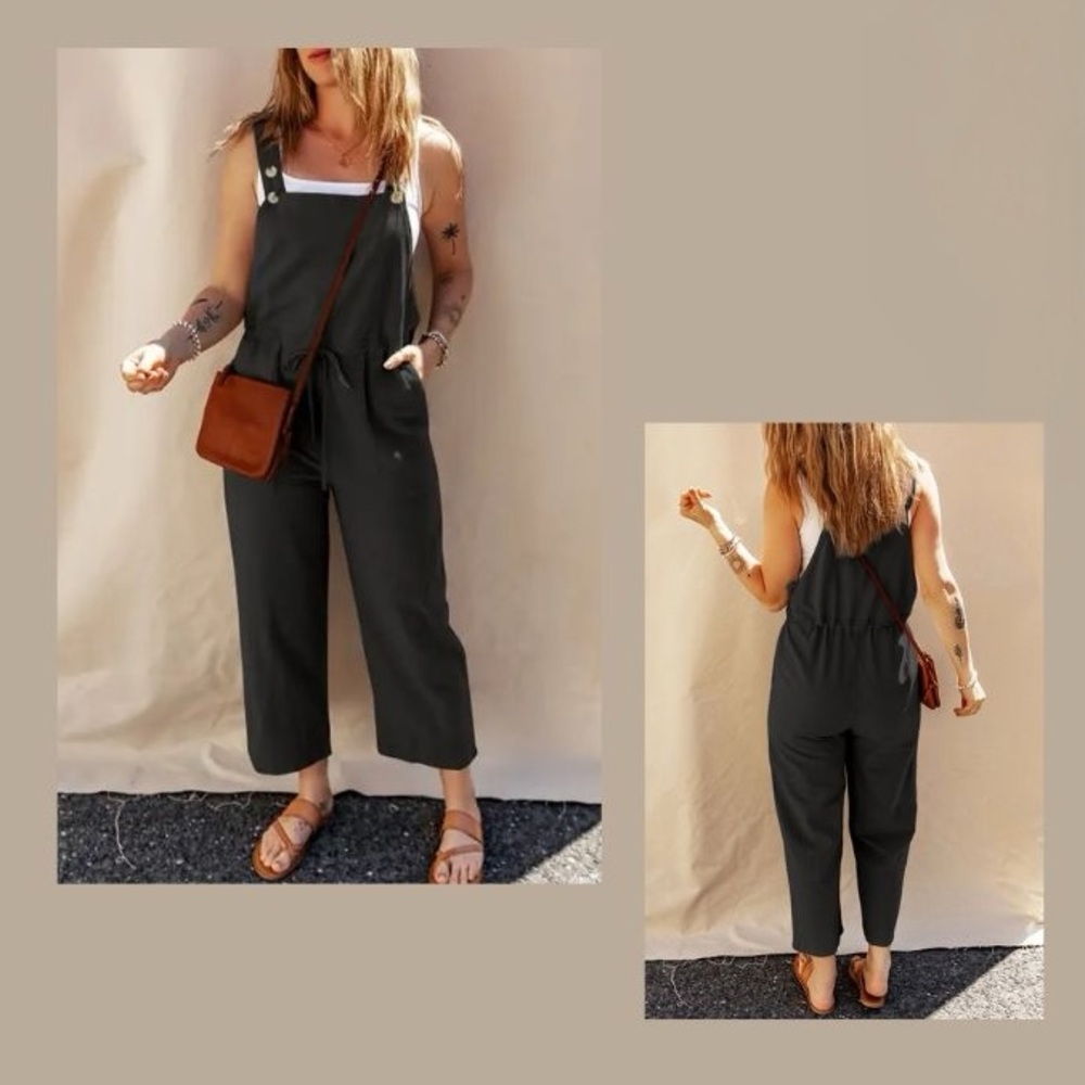 Button Strap Black Cropped Overalls Jumpsuit - image 1